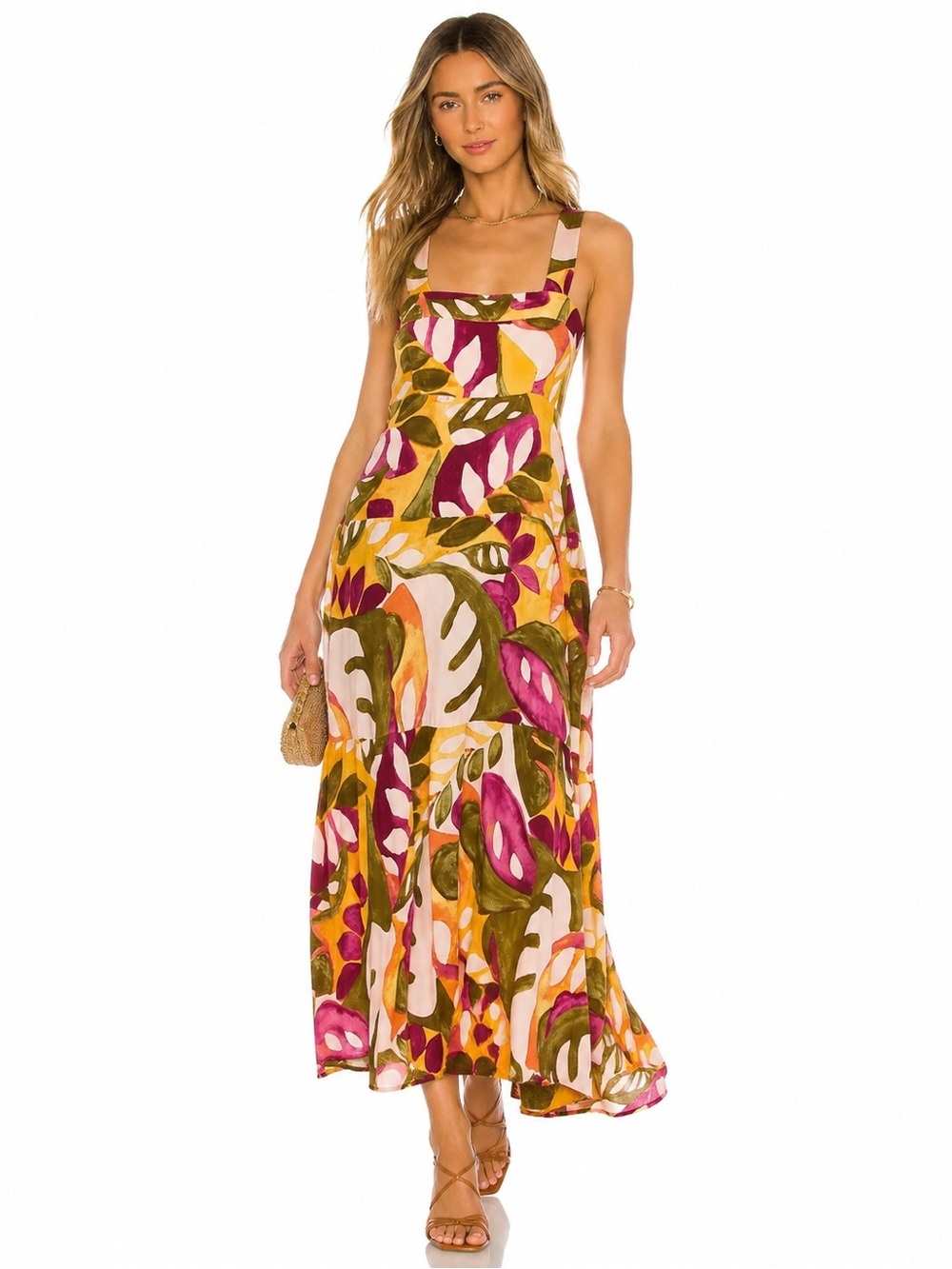 Vince Camuto Printed Square-Neck Smocked-Back Sleeveless Maxi Dress Size XL